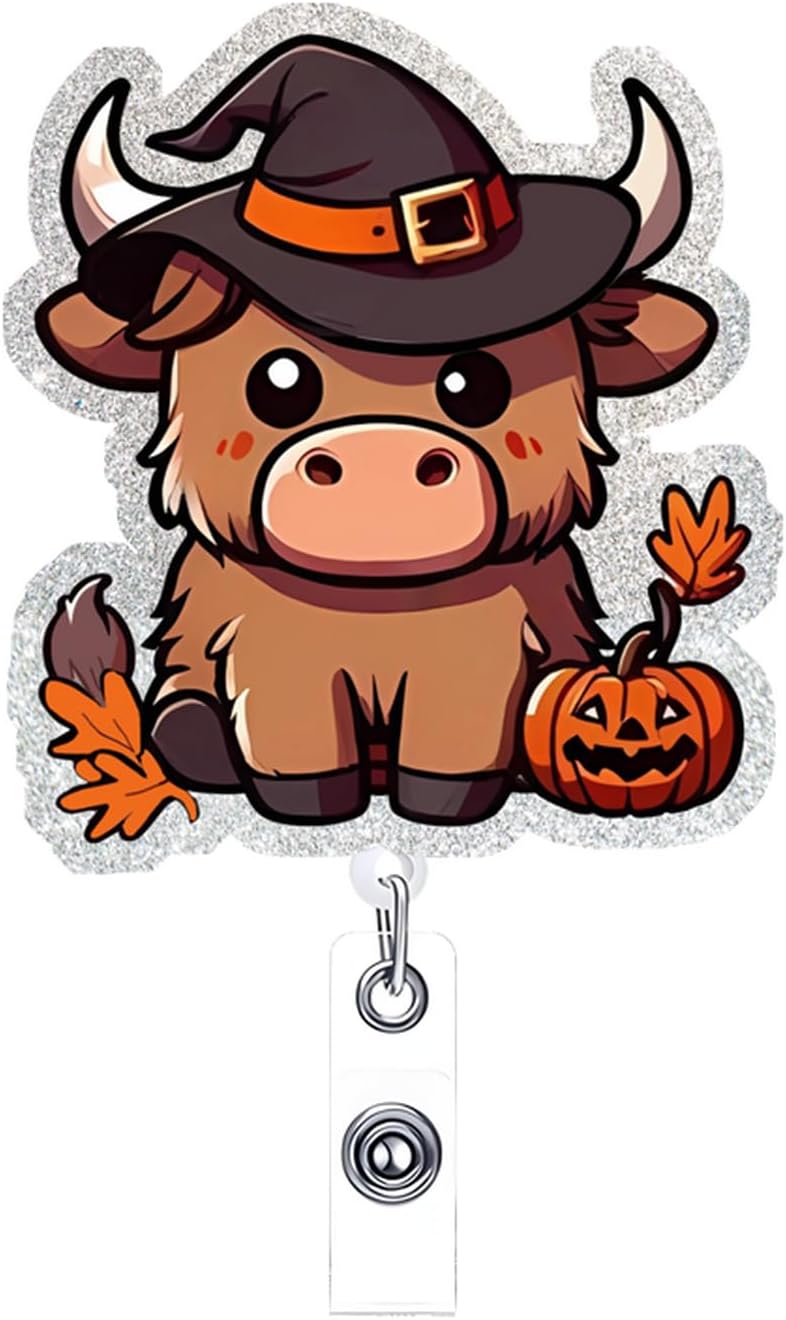NSSHEL Halloween Cow Badge Reel Retractable Acrylic ID Clip with Swivel Alligator Clip Cartoon Highland Cow ID Tag Card Holder Clip for Nursing Student, Doctor Medical Worker Alligator Badge Accessories - Image 1